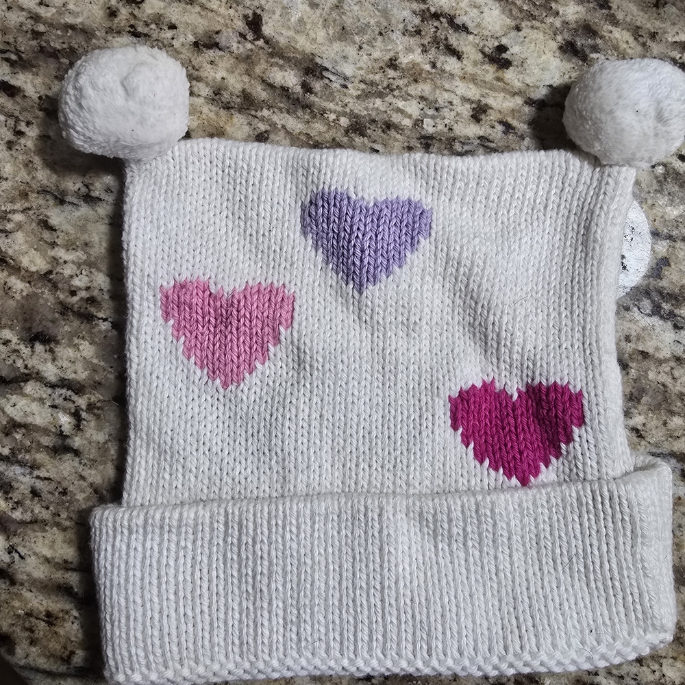 White Knit Hat with Pink and Purple Hearts